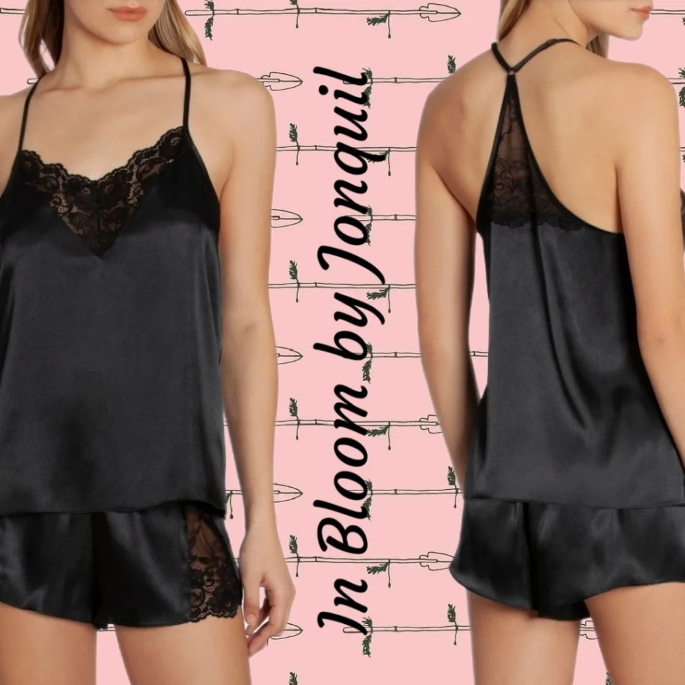 In Bloom By Jonquil Pajamas Sz L Grace Satin Lace Black Top & Bottom Adj. Strap